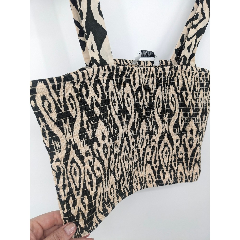 Zara Womens‎ Smocked Ikat Print Crop Top Black Beige Cotton Stretch Large NWT - Picture 2 of 9